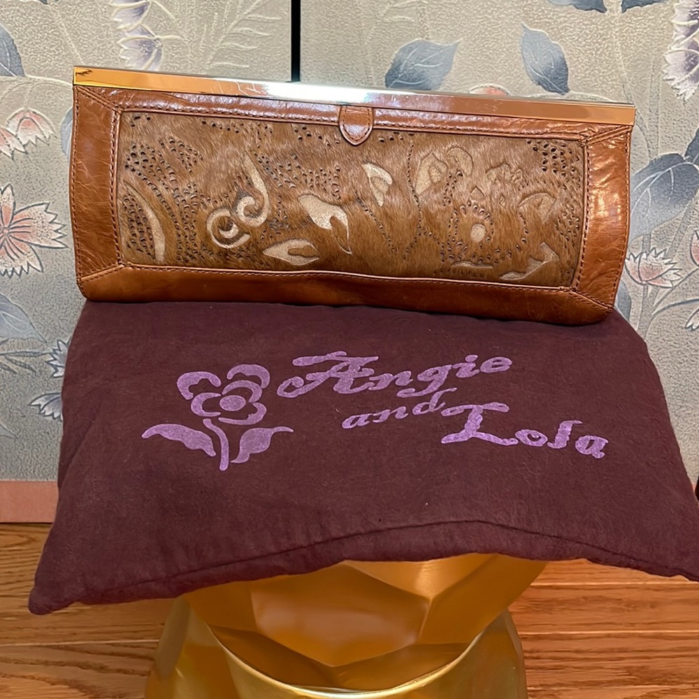 Angie and Lola leather & horse bit silver trim clutch